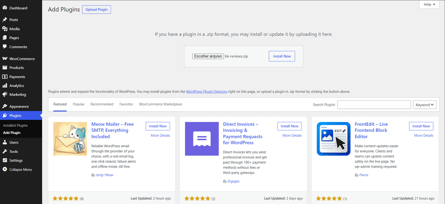 The WordPress plugin upload screen with the .zip file selected