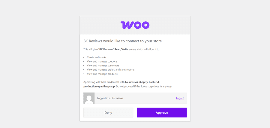 The native WooCommerce authorization screen