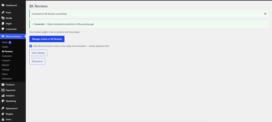 The plugin screen with the store connected