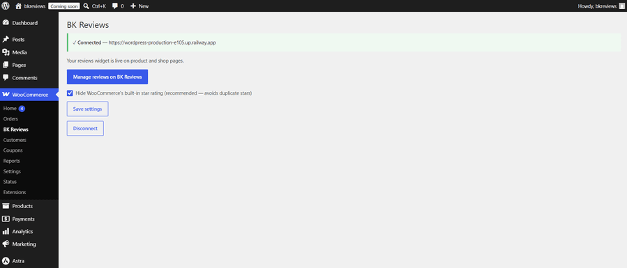 The “Manage reviews on BK Reviews” button on the plugin screen