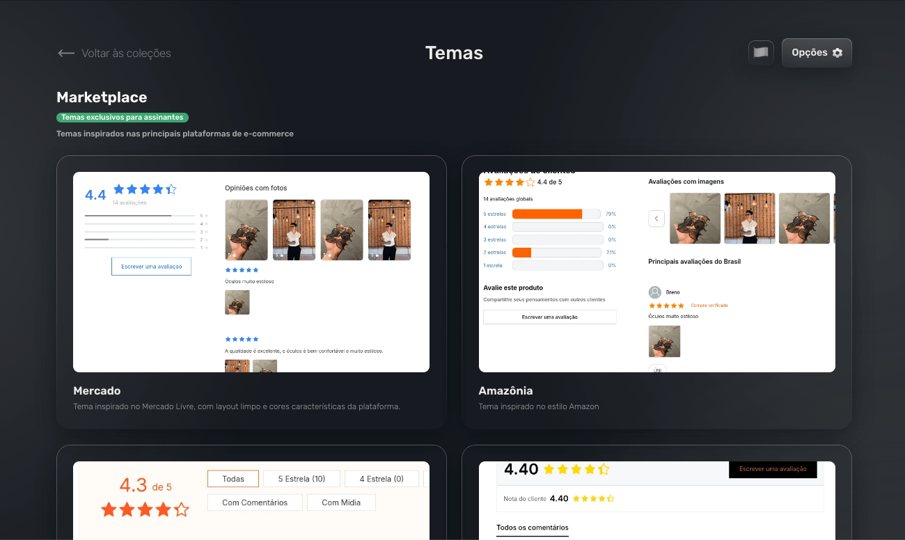 Pré-visualização dos temas do Marketplace
